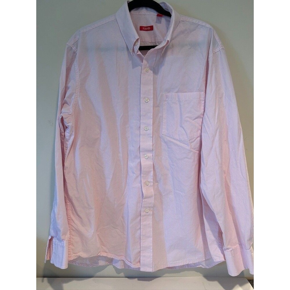 IZOD Mens Shirt L Pink/White Stripe Long Sleeve Button Cotton Shirt Collared